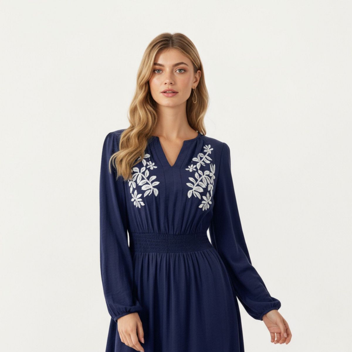 Anna-Kaci Women's Long Sleeve Embroidered Midi Dress with Smocked Waist and V-Neckline - thumbnail 4