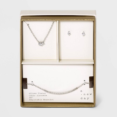 Silver Plated Cubic Zirconia Chain Necklace Earring and Bracelet Set - A New Day™ Silver