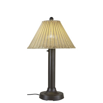 Patio Living Concepts Tahiti II 34 Table Lamp 19257 with 3 bronze tube body and tight weave, flat wicker, stone shade