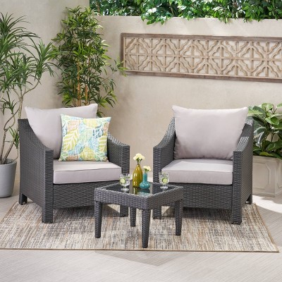 Antibes 3pc Wicker Patio Bistro Set with Cushions - Gray - Christopher Knight Home