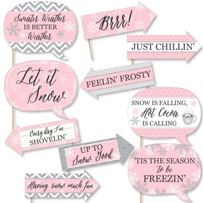 Big Dot of Happiness Funny Pink Winter Wonderland - Holiday Snowflake Birthday Party and Baby Shower Photo Booth Props Kit - 10 Piece