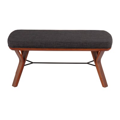 Walnut Wood and Charcoal Fabric Mid-Century Modern Bench