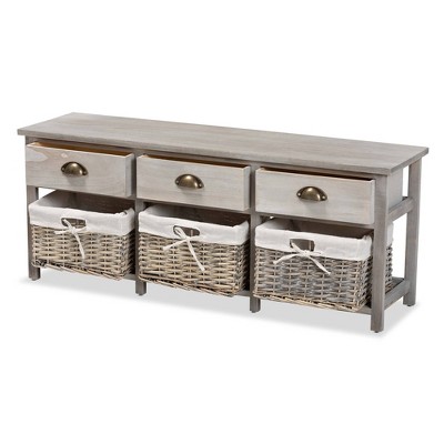 Mabyn Light Grey Wood & Wicker 3-Drawer Storage Bench