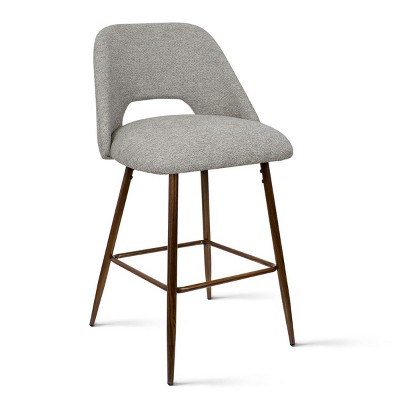 Gray Upholstered Counter Stools with Walnut Metal Legs, Set of 2