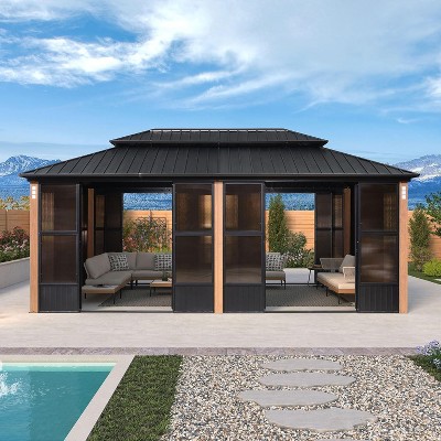 PURPLE LEAF Permanent Hardtop Gazebo Aluminum Frame Gazebo with Galvanized Steel Double Roof, Solarium Backyard Sun Room with Detachable Windows