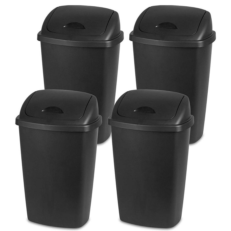 Sterilite 13.2 Gallon Plastic Swing-Top Trash Recycling Bin with Reinforced Rims for Home, Office, Kitchen, Bathroom, and Garage, Black (4 Pack), 1 of 6