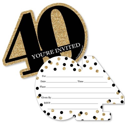Big Dot of Happiness Adult 40th Birthday - Gold - Shaped Fill-In Invitations - Birthday Party Invitation Cards with Envelopes - Set of 12