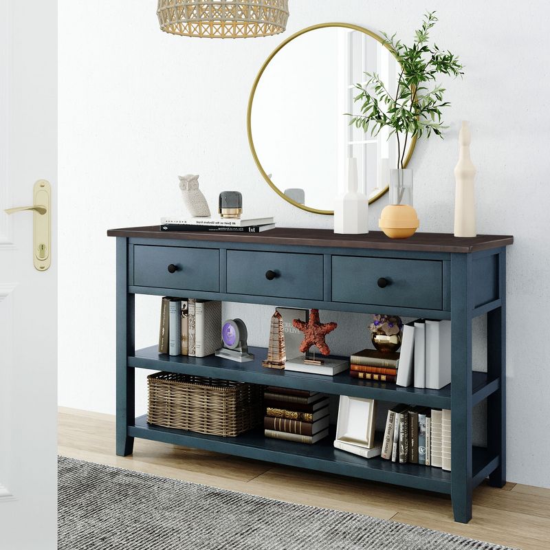 Retro Entryway Console Table, 50" Sofa Table with Three Drawers and Two Open Shelves-ModernLuxe, 1 of 11