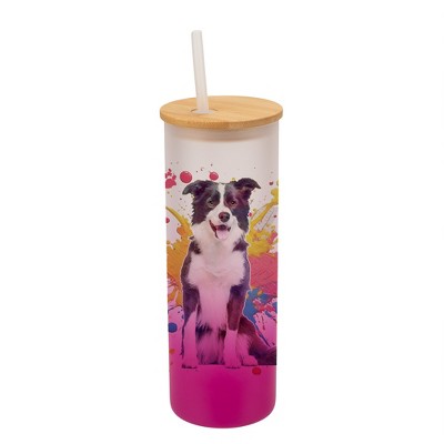 100 North 25 Ounce Frosted Glass Gradient Travel Tumbler With Straw & Wooden Lid, Border Collie Dog Paint Splatter Pink