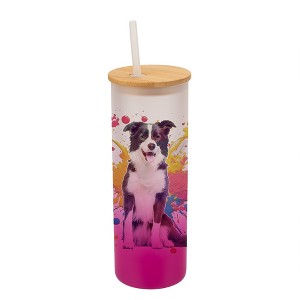 100 North 25 Ounce Frosted Glass Gradient Travel Tumbler With Straw & Wooden Lid, Border Collie Dog Paint Splatter Pink - 1 of 4