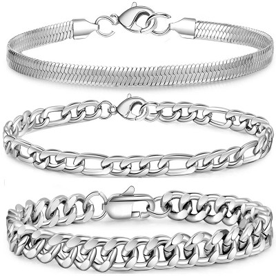 3 Pcs Sterling Silver Bracelets for Men Boys,Charm Bracelet Cuban Link Herringbone Chain Bracelets Set Jewelry Birthday Gifts Ideas
