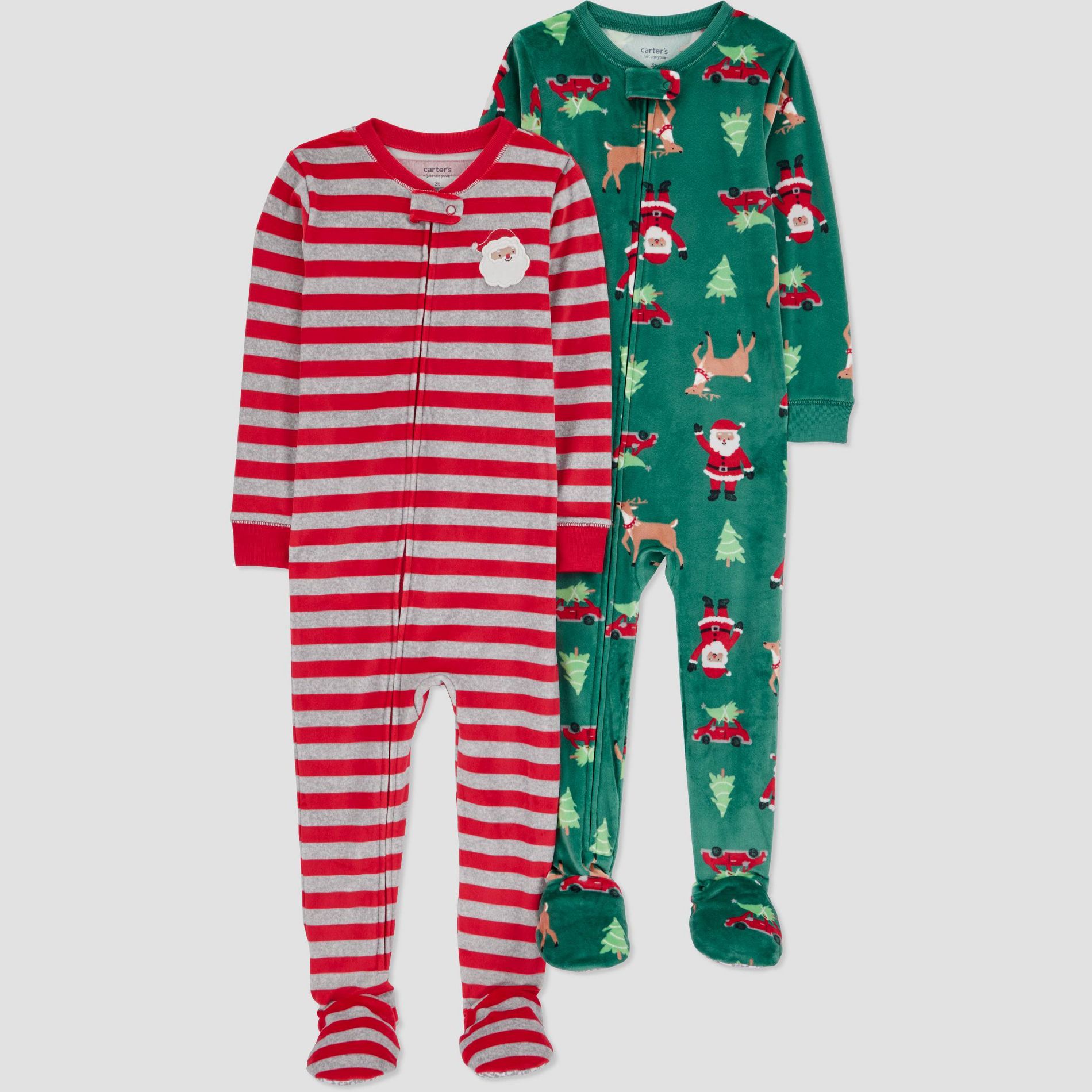 Carter's Just One You® Toddler Boys' 2pk Snug Fit Christmas Striped Santa Long Sleeve Fleece Footed Pajama - Green/Red