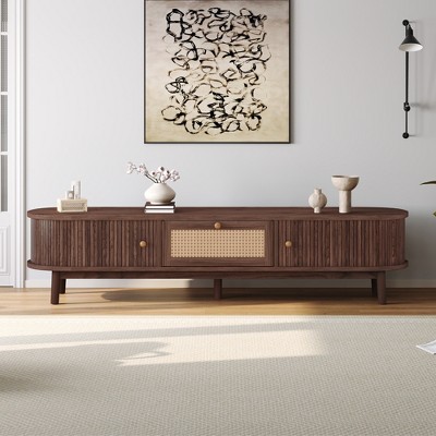 VYNXARIA Modern Design TV Stand for 75" TVs, Media Console TV Cabinet with Rattan-Front Drawer for Living Room, 1 Drawer and 2 Sliding-Door Cabinets