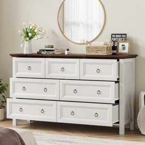 Angel Sar 54" Farmhouse Dresser for Bedroom, Antique 7 Drawer Dresser, Rustic Chest of Drawers, White Dresser with Barn Design & Thickened Tabletop - 1 of 4
