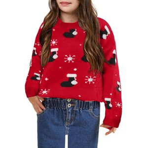 Girls Christmas Sweaters Casual Crewneck Long Sleeve Knit Pullover Jumper Tops - 1 of 3