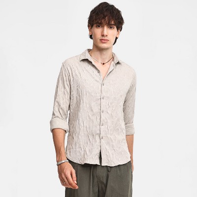 Campus Sutra Men Men's Greige Geometric-Texture Shirt