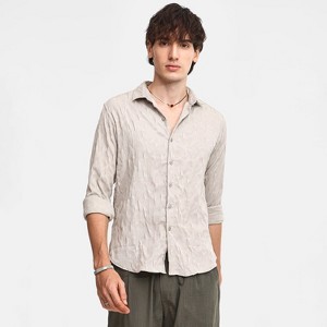 Campus Sutra Men Men's Greige Geometric-Texture Shirt - 1 of 4