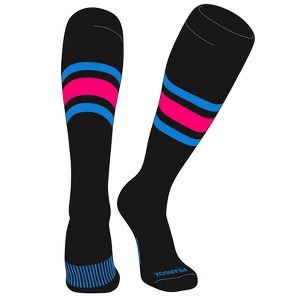PEAR SOX Striped OTC Baseball, Softball, Football Socks (B) Black, NEON Blue, Hot Pink - 1 of 3