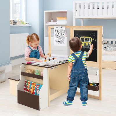 Costzon Easel for Kids, Wooden Art Center with Double-sided Board, Paper Roll for Drawing, Crafts, Writing, Toddler Table with Storage (Brown)