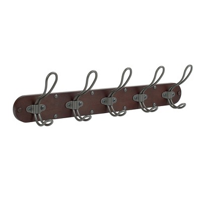 Spectrum Diversified Millbrook Wall Mount 5 Hook Wood Rack: Portable Universal Storage, Metal & Wood, Multicolored