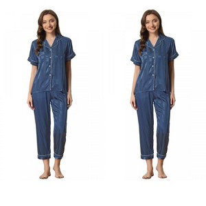 INSPIRE CHIC Women's 4 Pcs Satin Short-Sleeve Button-Up Sleepwear & Long-Pants Pajama Set - 1 of 4