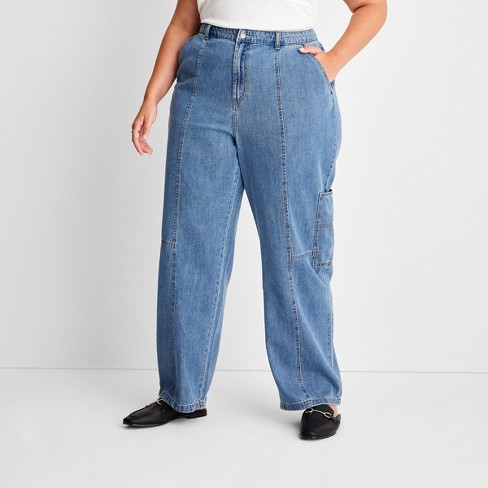 2019 Streetwear High Waist Cargo Jeans Woman Plus Size Blue Mom