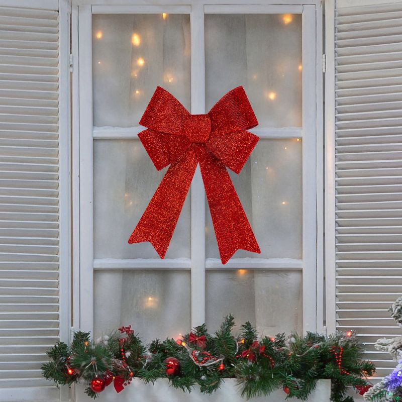 Northlight 18" Red Tinsel 4-Loop Bow Christmas Decoration, 2 of 4