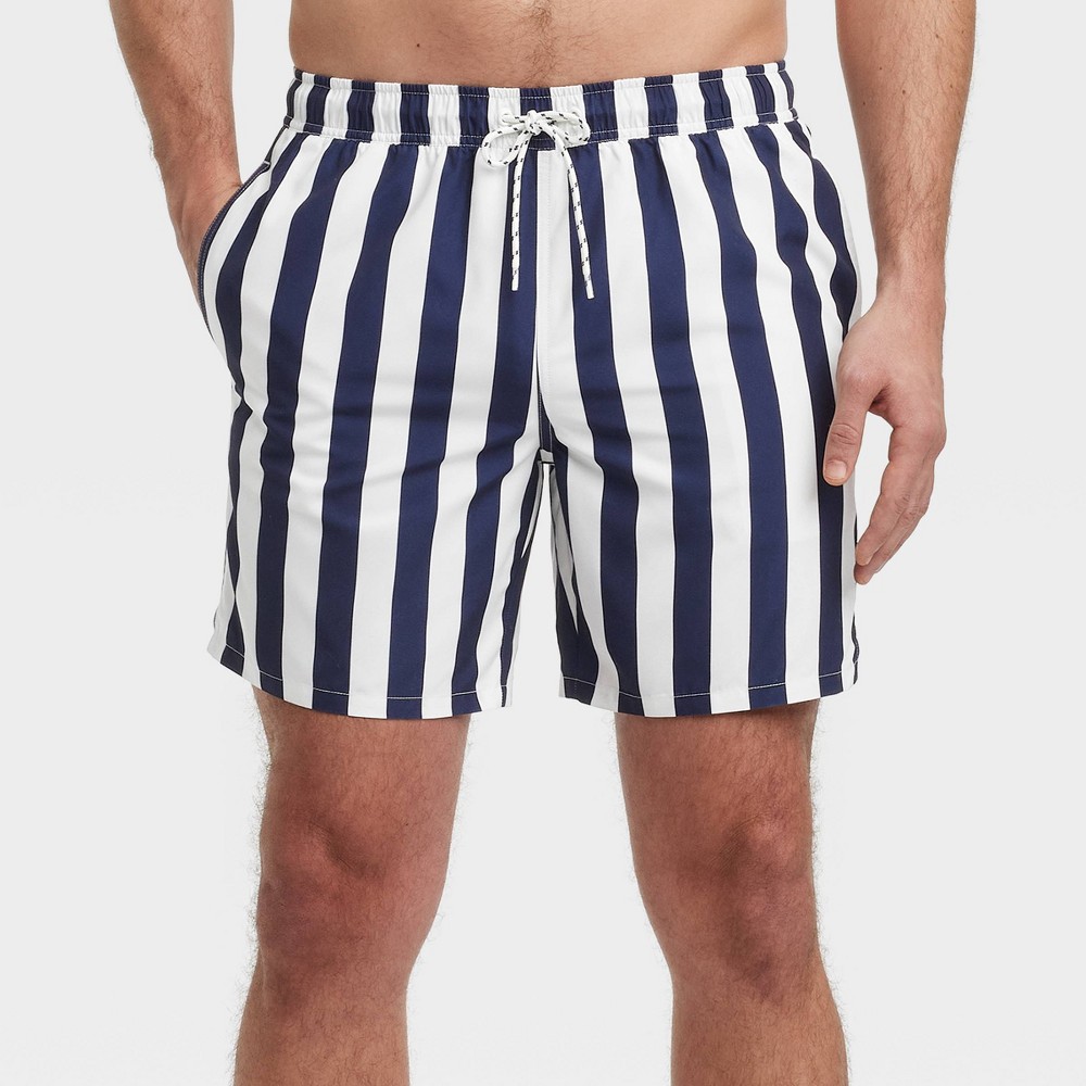 Photos - Swimwear Men's 7" Striped Swim Shorts - Goodfellow & Co™ Navy/White S