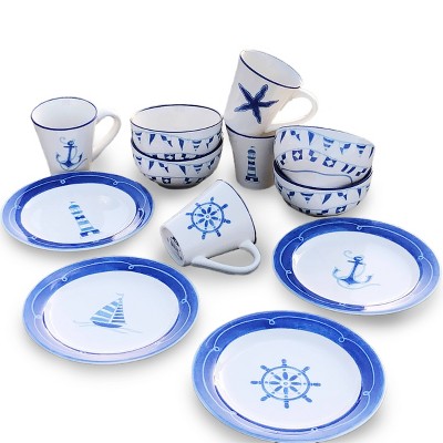 12pc Ceramic Ahoy Nautical Dessert Set - Euro Ceramica