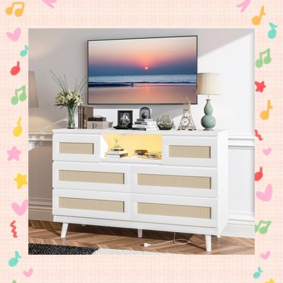 Garvee Modern Rattan Dresser with LED Lighting & Charging Station - 6 Drawer Storage Cabinet