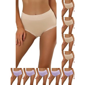 INSPIRE CHIC Women's Cotton Solid High-Rise Lace Trim Tummy Control Full Coverage Briefs 10 Packs - 1 of 4