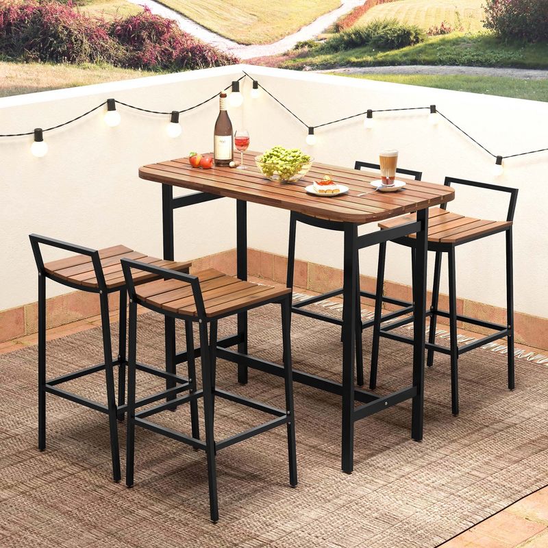 Costway 5 PCS Acacia Wood Bar Table Set Outdoor Bar Height Table & Chairs with Metal Frame, 4 of 11