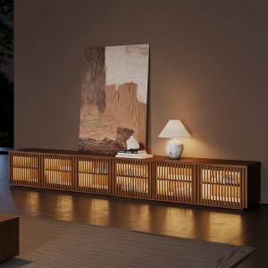 POVISON 118" Mid-Century Modern Wood Slatted TV Stand with LED lights, LED TV Stand, Walnut Color TV Console - 1 of 4