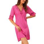 cheibear Womens Satin Lace V Neck 3/4 Sleeve Lingerie Silky Lounge Nightgowns