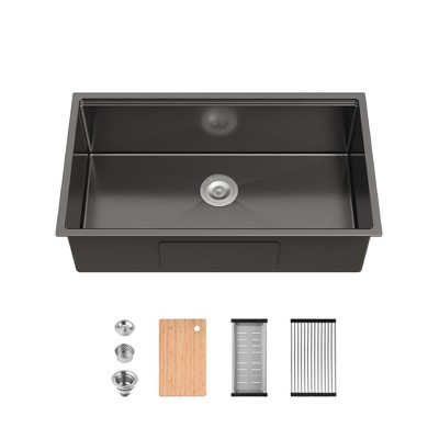 JUJABU 33″x19″ Stainless Steel Kitchen Sink, with Drain, Cutting Board, Drainage Basket Colander, Roll-up Dish Drying Rack