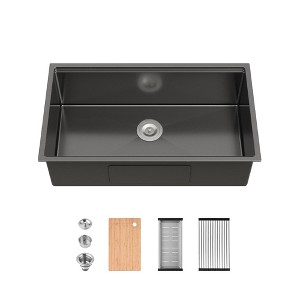 JUJABU 33″x19″ Stainless Steel Kitchen Sink, with Drain, Cutting Board, Drainage Basket Colander, Roll-up Dish Drying Rack - 1 of 4