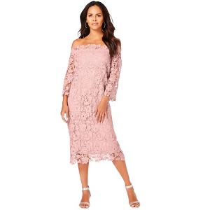 Roaman's Women's Plus Size Off The Shoulder Lace Dress - 1 of 4