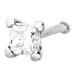 Jewelry Avalanche V-Prong Set Princess Cut Moissanite Nose Bone Nose Stud, Solid 14K Gold, 22G - 1 of 4