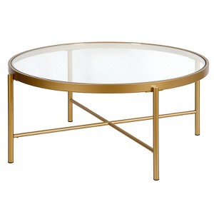 Metal 36" Round Glass Top Coffee Table in Brass - Henn&Hart - 1 of 4