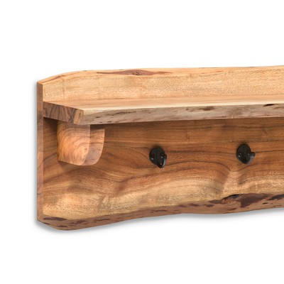 Alpine Natural Acacia Wood 39" Bench with Live Edge and Metal Coat Hooks