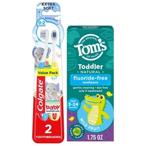 Tom's of Maine 1.75oz Fluoride-Free Mild Fruit Toddler Training Toothpaste + Colgate 2 Count My First Baby and Toddler Toothbrush - 1 of 4