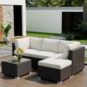 Whizmax 5-Piece Outdoor Patio Rattan Wicker Sofa Set, Pe Rattan Conversation Sectional with Thickened Back Cushion, Glass Tabletop, Ottoman For Yard - 1 of 4