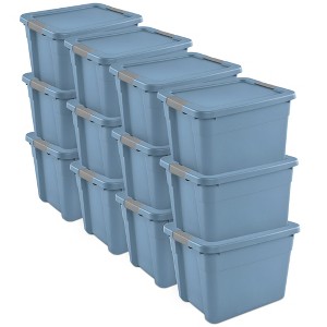 Sterilite 12 Gallon Latching Tote, Stackable Storage Bin Container with Secure Lid to Organize Home and Office, Washed Blue, 12 Pack - 1 of 4