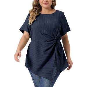 Agnes Orinda Women's Plus Size Asymmetrical Hem Short Sleeve Twist Knot T-Shirt - 1 of 4