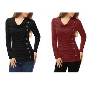 Allegra K Women's Cowl Neck Long Sleeves Buttons Decor Ruched Top 2 Pcs - 1 of 4