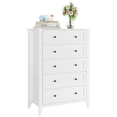 5 Drawers Dresser for Bedroom, Farmhouse Tall Wood Chest of Drawers for Clothes, Big Storage Dressers Organizer with Gold Handles & Deep Drawers