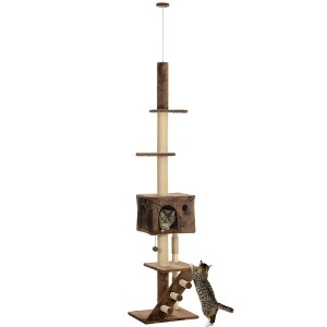 PawHut Floor to Ceiling Cat Tree, Adjustable Height 89"-104" Cat Tower with Cat Condo, Scratching Posts, Perches, 3-Steps, Hanging Ball & Anti-Tip Kit - 1 of 4