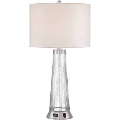 Possini Euro Design Modern Table Lamp with USB and AC Power Outlet in Base Ribbed Glass White Drum Shade for Living Room Family