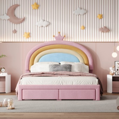 Rainbow Design Upholstered Bed with Velvet Headboard and Storage Drawers, Wooden Frame Princess Platform Bed for Teens Bedroom - Cuddlewood