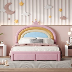 Rainbow Design Upholstered Bed with Velvet Headboard and Storage Drawers, Wooden Frame Princess Platform Bed for Teens Bedroom - Cuddlewood - 1 of 4